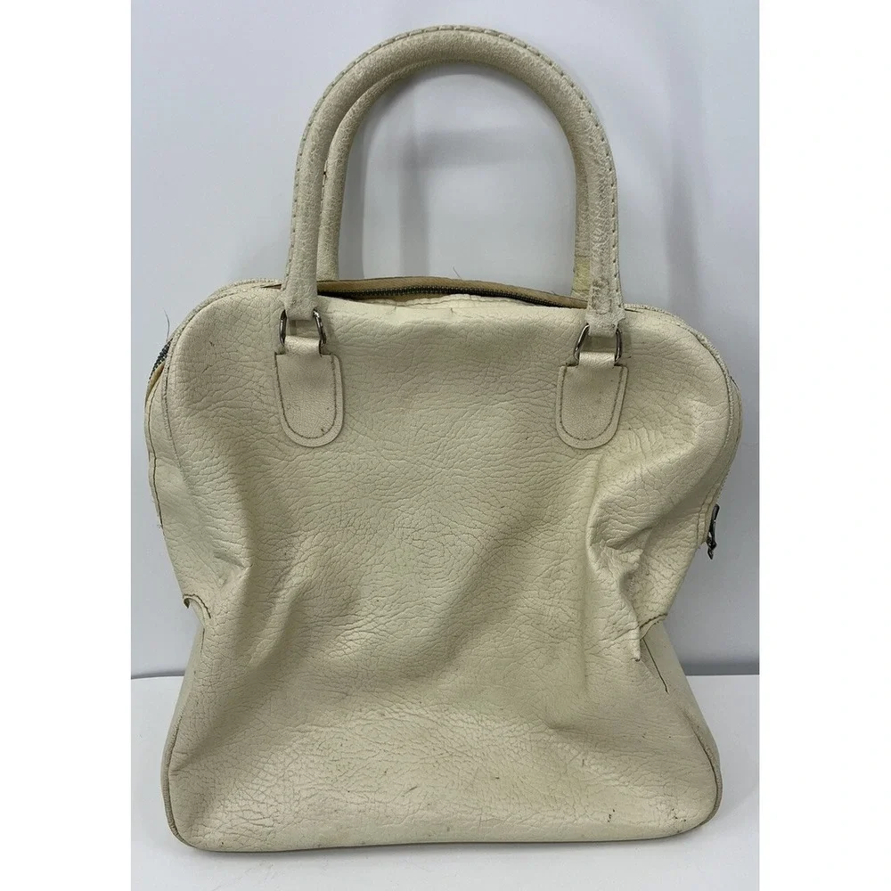 Vintage Sears Vinyl Tote Bag Carry On Luggage 1950s Ivory 2 Handle